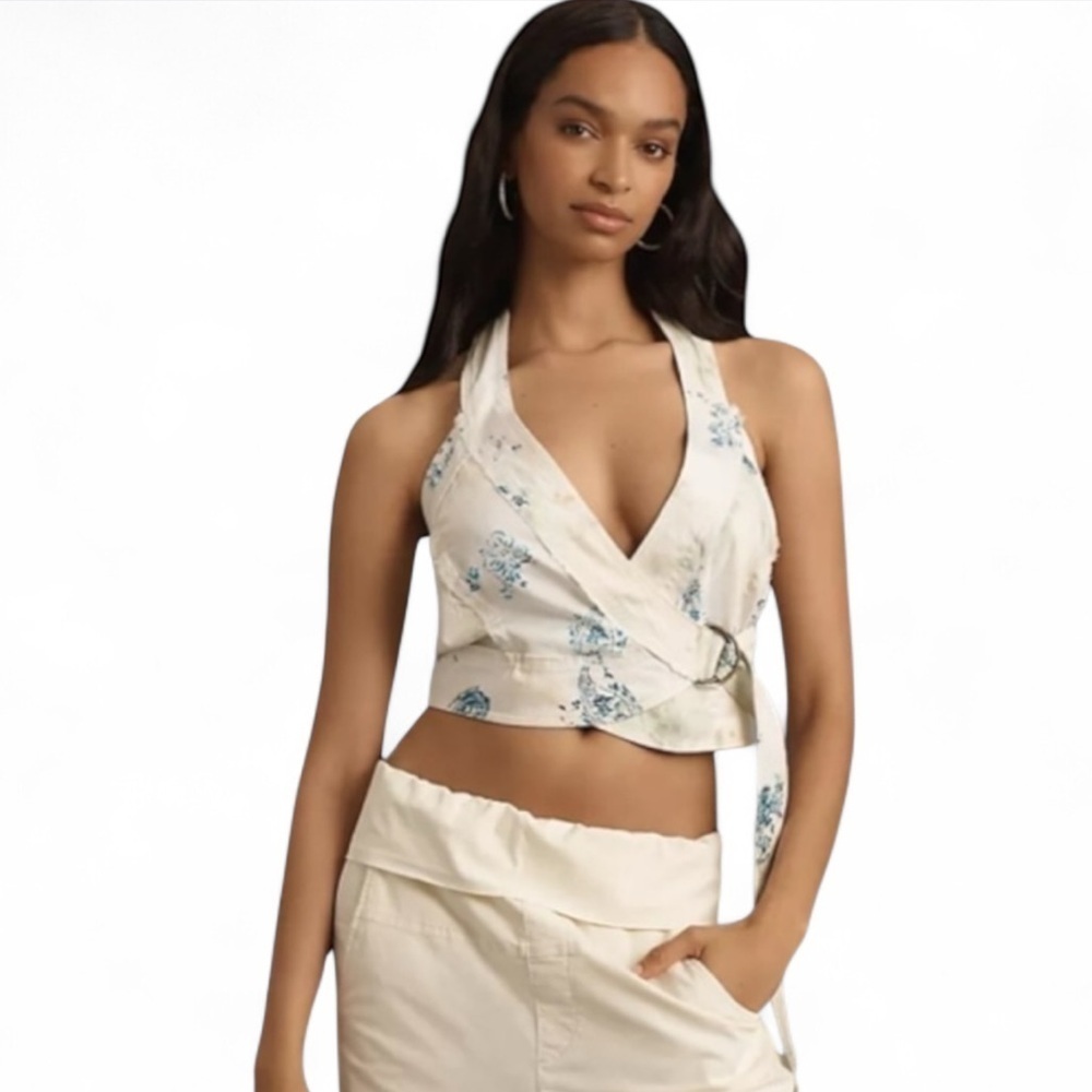 Anthropologie Pilcro Cotton Floral Halter Buckle Wrap Top White Blue Large NWT
